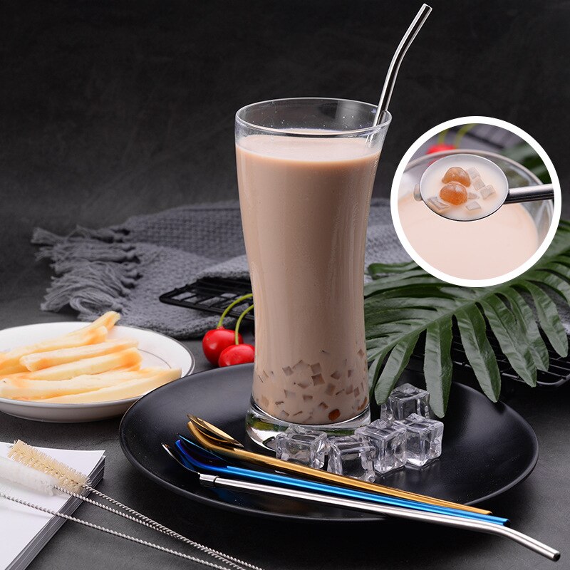 Eco Friendly 304 Stainless Steel Reusable Straws Spoon Beer Drinking Straws Coffee Straws Spoon 190mm