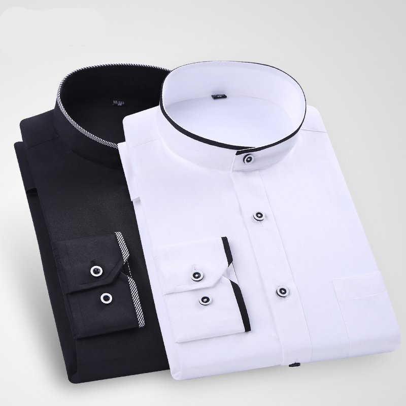 Chemise à col montant pour hommes, classique, col rond, coupe slim, col vertical, manches longues, chemise blanche