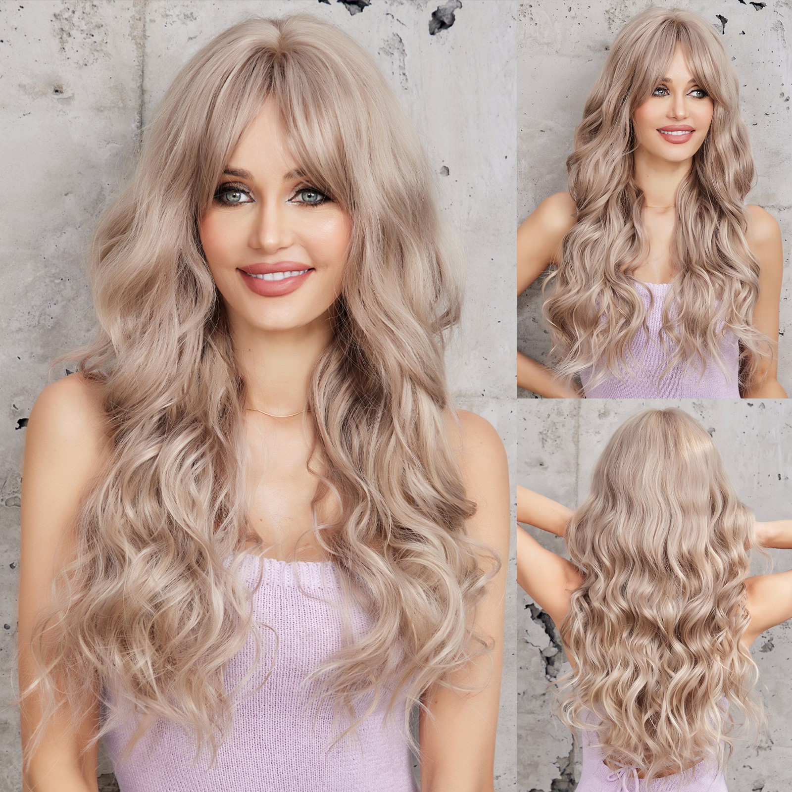 Haircube lang bølget syntetisk parykk lys blond parykker til kvinder med pandehår naturlig hårgrænse varmebestandig fiber paryk daglig fest paryk