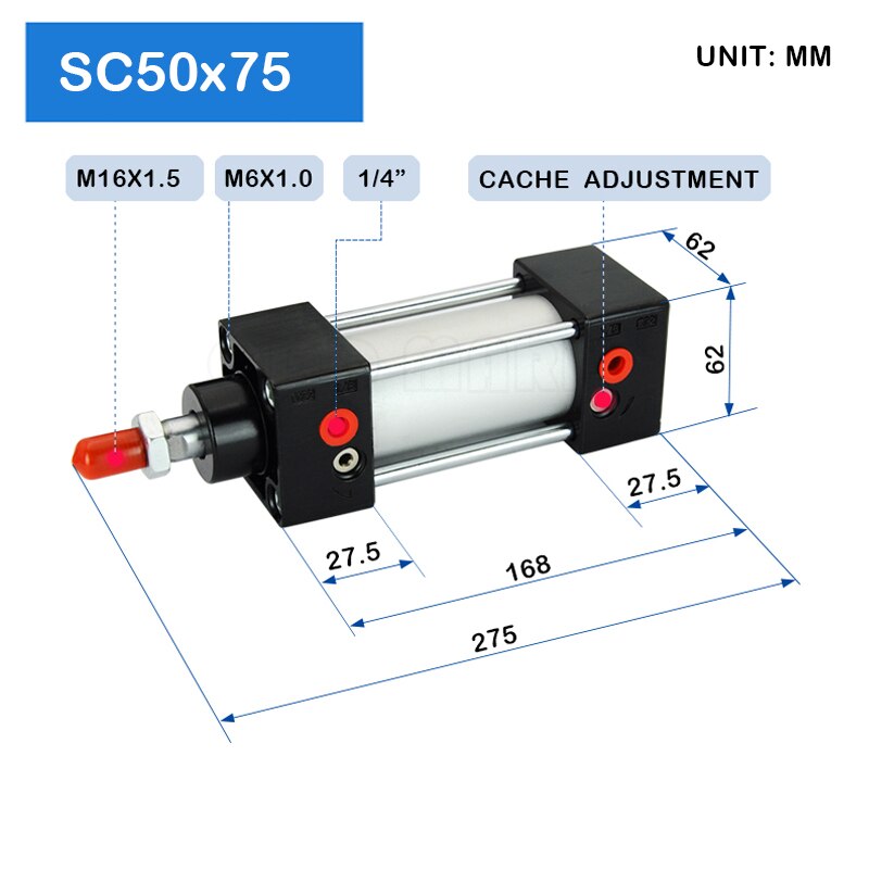 Sc50 x 75 50mm reikäinen 75mm- tahti standardi teleskooppinen pneumaattinen toimilaite männän tiiviste spesifikaatio isku pneumaattinen sylinteri