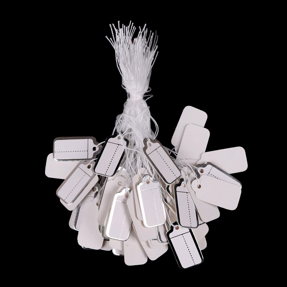 Unids/lote 100, brida con etiqueta Rectangular, cadena de joyería, exhibición de ropa, etiquetas de precios de Mercancías Blancas, plateadas, doradas, 25x13mm