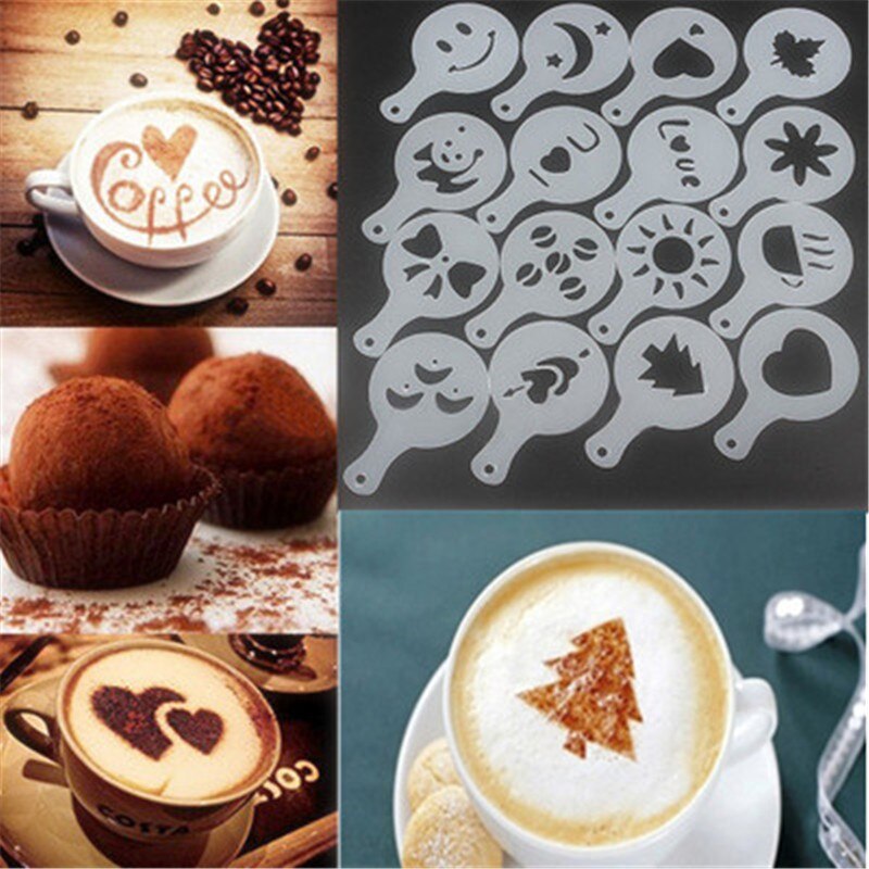 16 plantillas de café de lujo, plantilla de impresión de café, accesorios de cocina, Espumador de café, plantilla de herramientas de café, utensilios de café