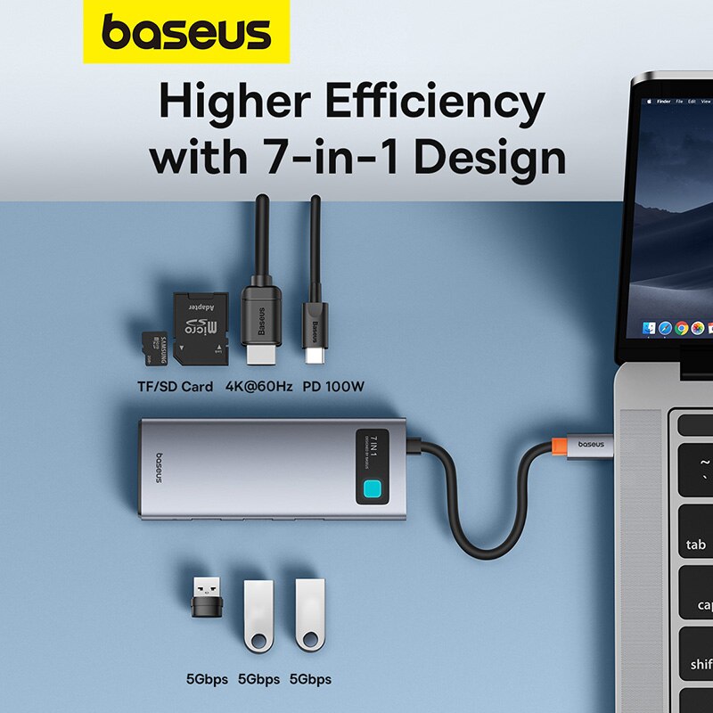 Baseus 7-in-1 Gen 2 USB C HUB 4K @ 60Hz HDMI 3 * USB 3.0 PD 100W Type C poort SD/TF kaartlezer voor Macbook iPad M2 M1 stoomdek