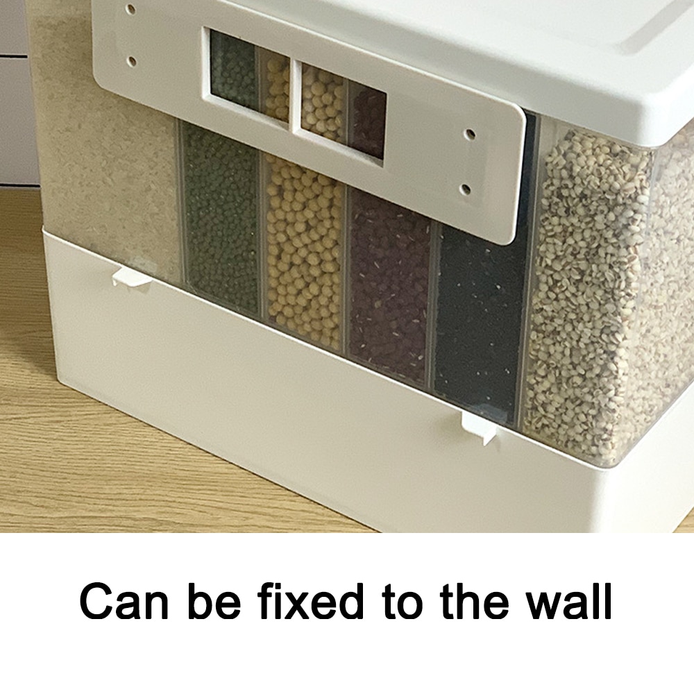 Moisture Proof Wall Mounted Cereal Dispenser 6 Grids Rice Container Dispenser Plastic Automatic Racks Sealed Food Storage Box