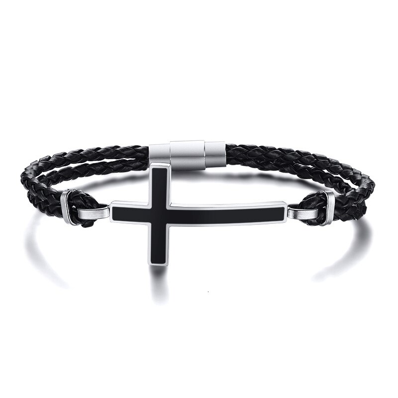 Mannen Zwarte Cross Dubbel Gevlochten Lederen Armband Magentic Sluiting Mannen Sieraden Cadeau Voor Haar: bracelet