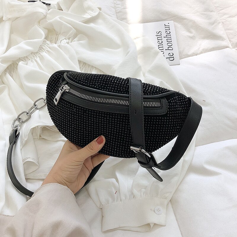 Ins diamanter lyxig midjeväska bälte kvinnor koreansk casual liten svart myntväska fanny packs för kvinnor fashionabla sac banan