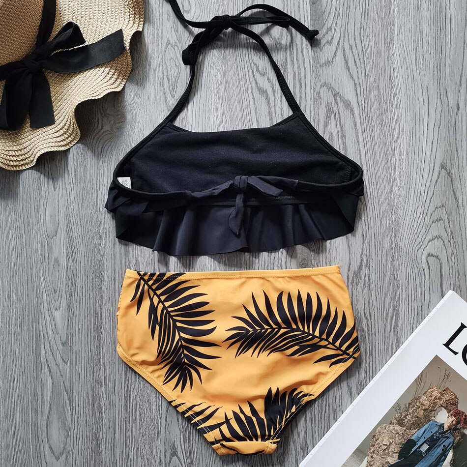 Tropische Blad Meisje Badpak Halter Top Tiener Meisje Bikini Set 5-14 Jaar Tweedelige Kinderen Badmode Ruche meisje Badpak