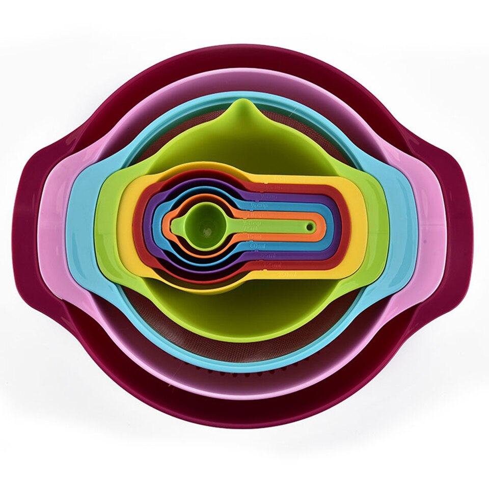 10 Pcs Mixing Bowls Set Nesting Bowls Stackable Measuring Cups Sieve Strainer Colander for Salad Cooking Baking Tool