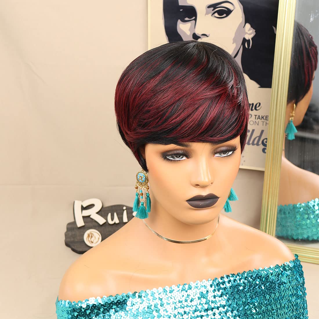 Pelucas cortas de corte Pixie para mujeres negras, pelucas cortas con flequillo, pelucas negras con capas marrones, pelucas de cabello Real Bob corto sin pegamento para Wo