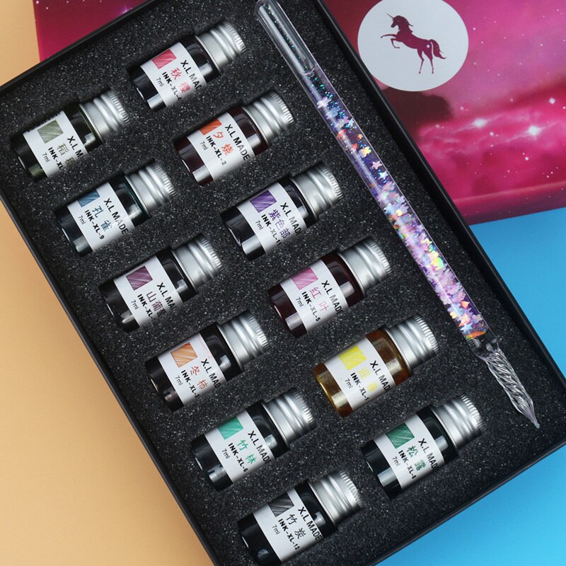 7/13pcs Glass Dip Pen And Blue Ink Sets Box Sequin Series Signature Pencil Handicraft Dip Pens Glass Pencils: Sky  Purple