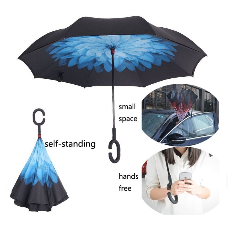 80 Cm Dubbele Laag Zelf Ondersteuning Paraplu Winddicht Opvouwbare Reverse Omgekeerde Regen Bescherming Inside Out C-Haak Auto Handsfree