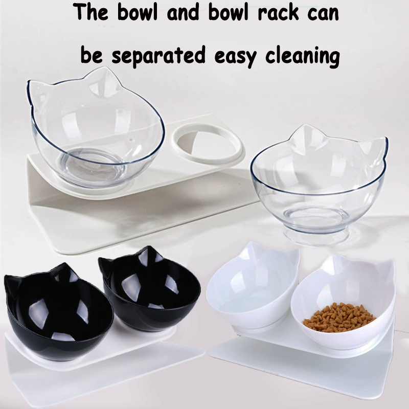 Double Cat Feeding Bowl PC Plastic Cat Shape 2 Cat feeder Container 15 Degree Tilted Pet Inclination Stand Cats Feeding Bowl