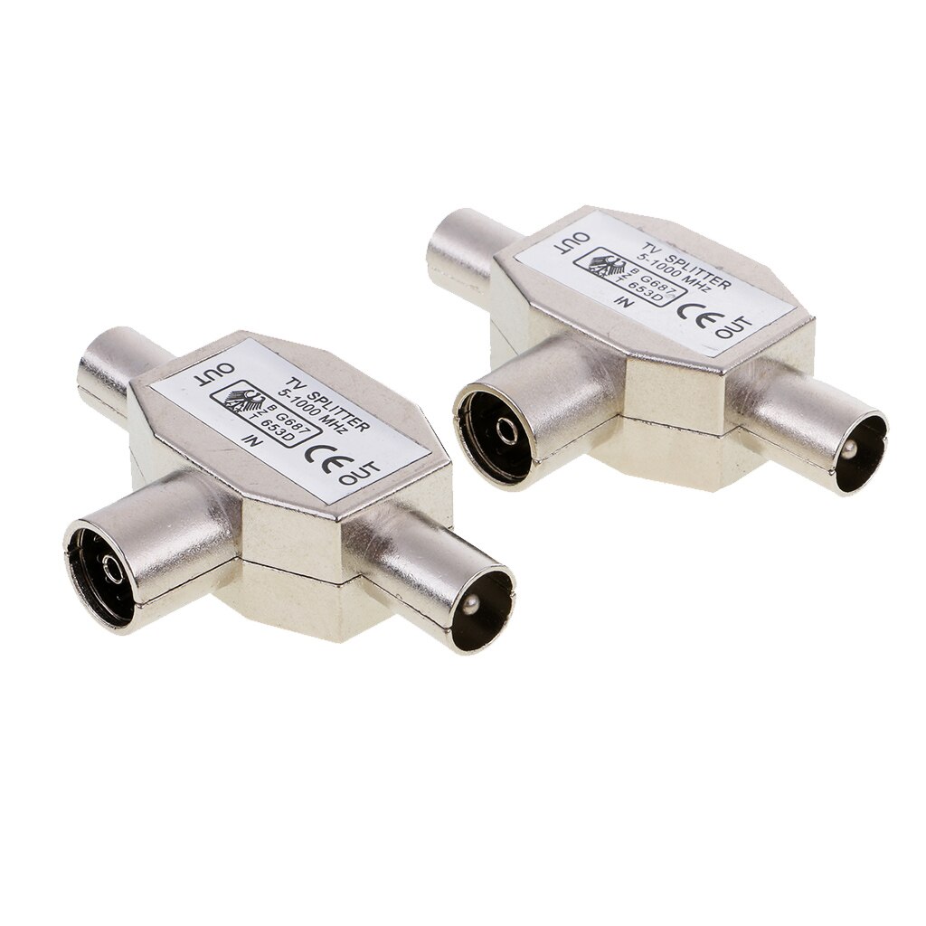 2 Pieces TV Aerial Metal Coaxial Signal Splitter 2 Way 1 Female to 2 Male
