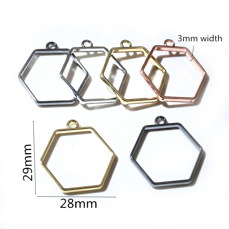 10 unidades, bandeja colgante de resina epoxi hexagonal de 29x28mm con marco metálico hueco de aleación de Zinc para accesorios de fabricación de joyas DIY