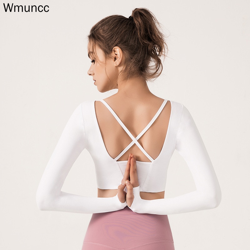Wmunccsport crop top padwomen yoga shirts lange ærmer med tommelfingerhul løb fitness træning gymtøj åben ryg åndbar