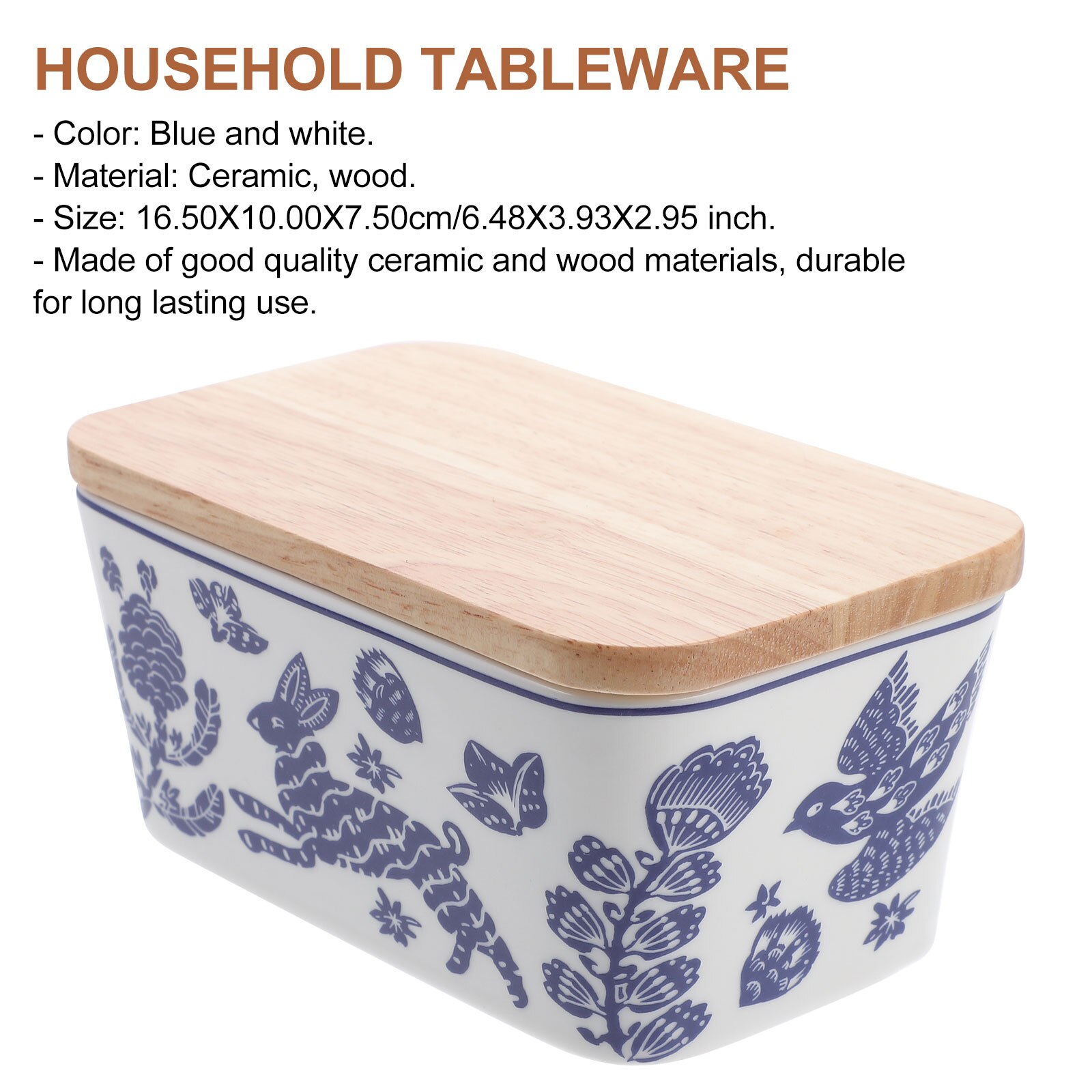 1pc Patterned Ceramic Butter Box Butter Keeper Container with Wooden Lid