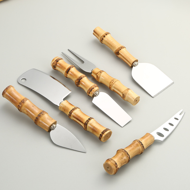 Bamboo Cheese Knives Set Cheese Cutlery Steel Stainless Cheese Slicer Cutter Mini Knife,Butter Knife,Spatula& ForK
