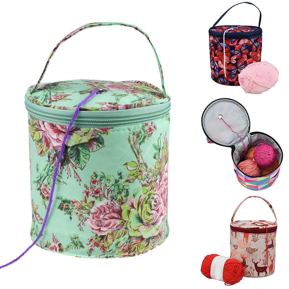 Crochet Tote Practical Zipper Closure DIY Craft With Handle Yarn Storage Weaving Knitting Bag Cylinder Portable Home Hanging