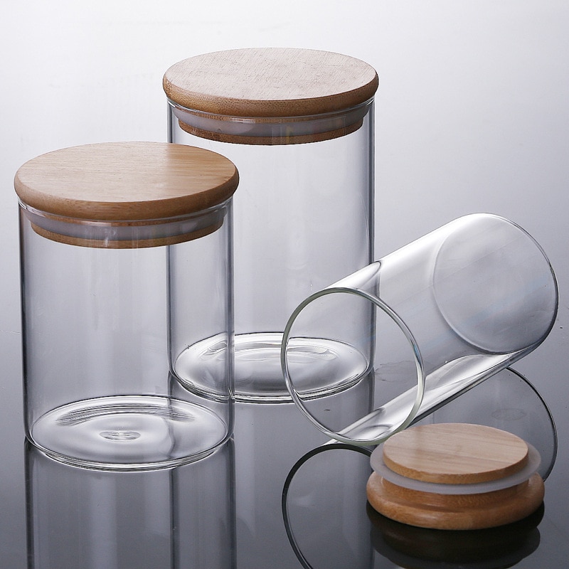 Kitchen food container bamboo lid sealed cans food tea cans transparent storage jars kitchen whole grains beans storage bottles