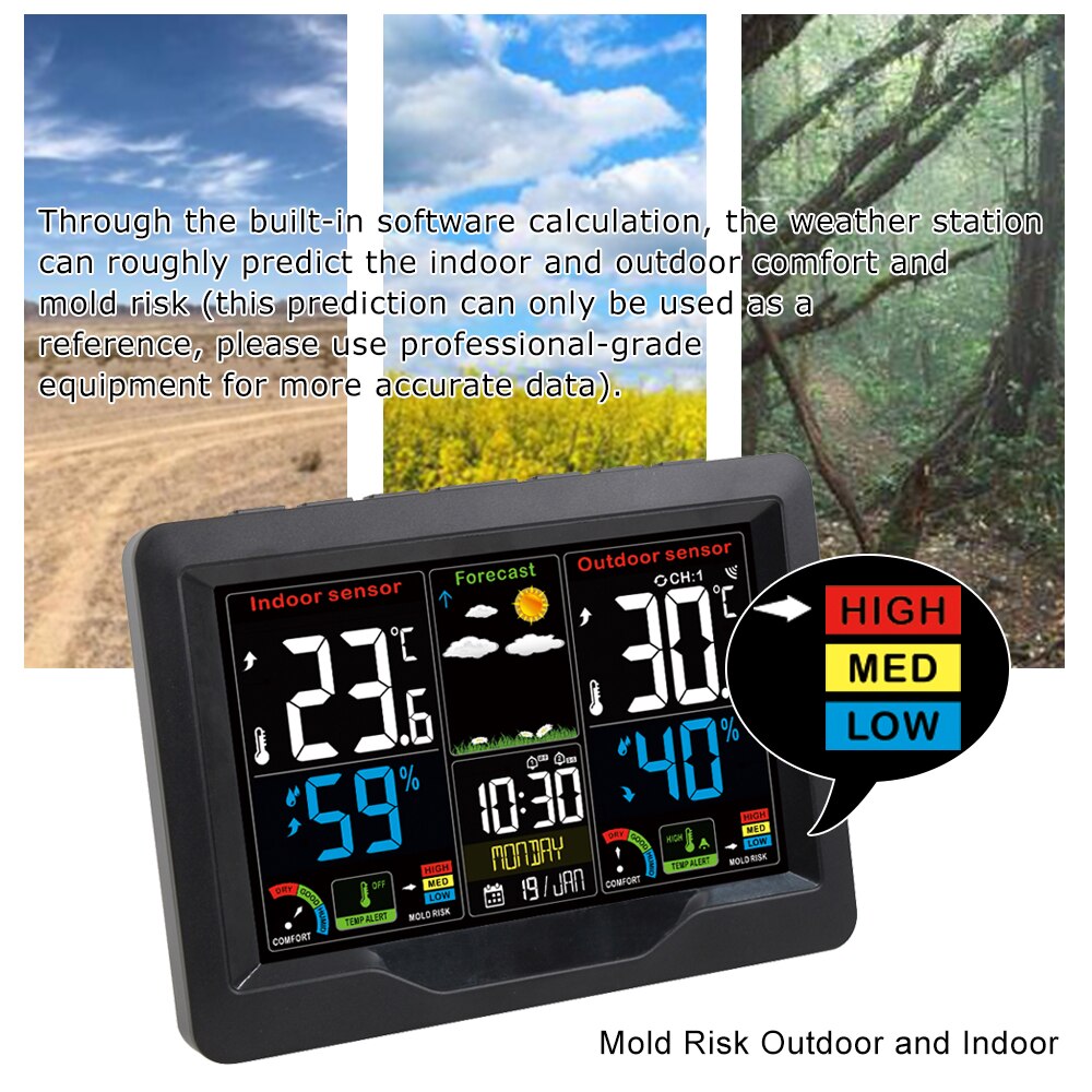 FanJu-estación meteorológica Digital FJ3383C, reloj con pantalla a Color, barómetro, termómetro, higrómetro, Sensor al aire libre con tendencia de riesgo de moho