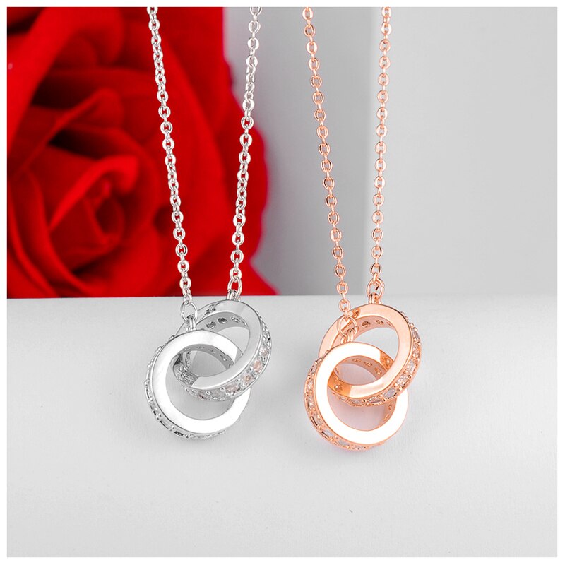 Mode 925 Sterling Zilveren Dubbele Ronde Hanger Neckalce Rose Goud Strass Dubbele Cirkel Ketting Voor Vrouwen Sieraden