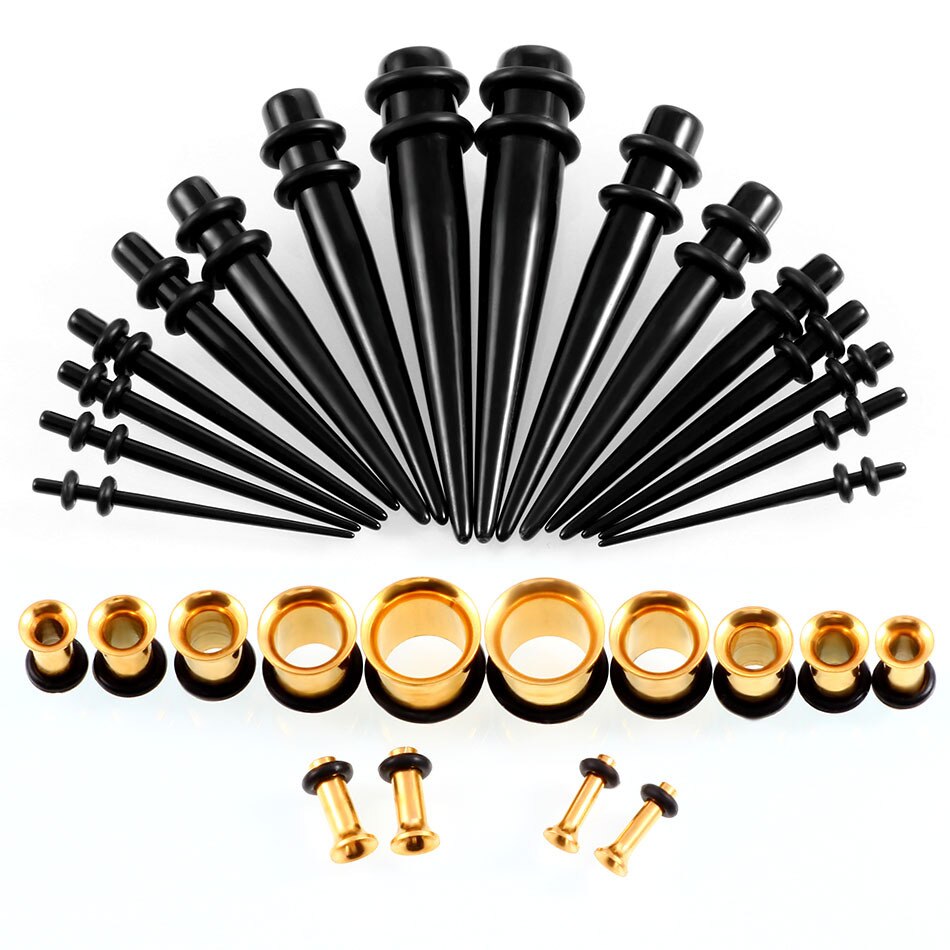 36PCS Ear Gauges Stretching Kit 14-00G Stainless Steel Ear Plugs Tunnels Flesh Tapers Set Stretcher Taper Set Dilataciones Oreja: Black And Gold