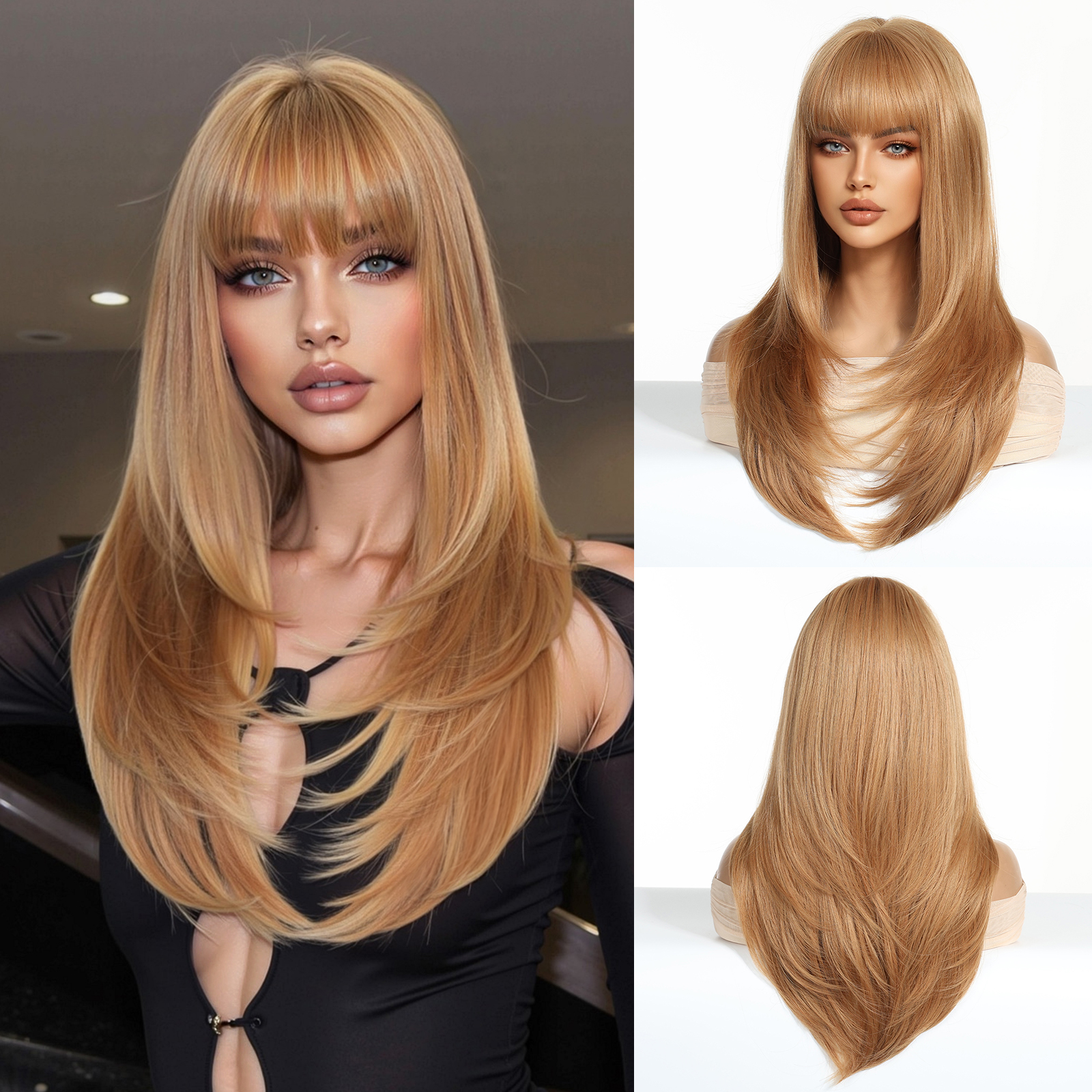 Easihair lång silverfärgad med blonda slingor syntetiska peruker för kvinnor rak med lugg naturlig peruk cosplay-hår värmebeständigt