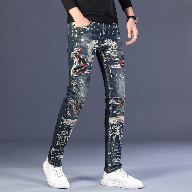 Men's Embroidery Painted Jeans Stretch Denim Slim Pencil Pants Embroidered Trousers