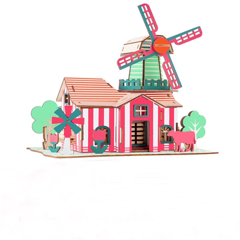 Wooden 3D three-dimensional handmade diy wooden puzzle cottage model children's toys: Sky Blue