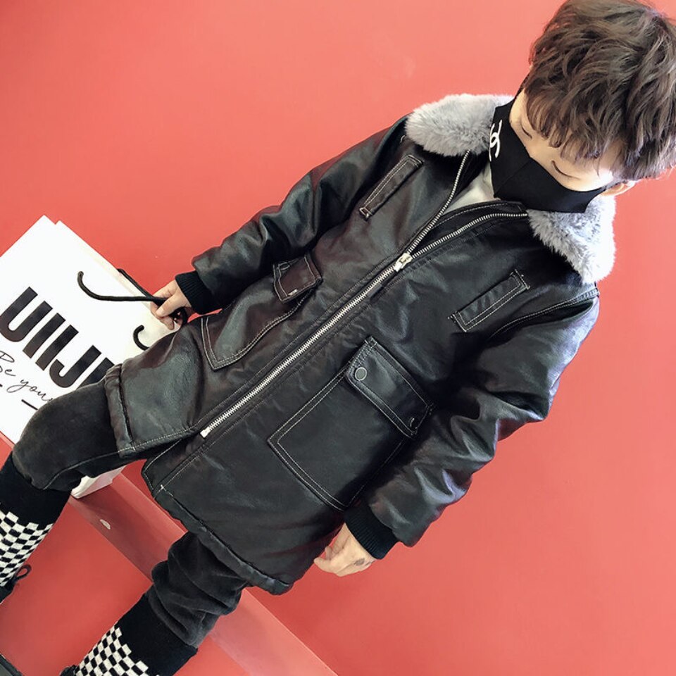 Kids Coats Boys Autumn Winter Black Color Jacket Coats Fur Collar Warm Faux Leather Thicken Outwear For 3 4 6 8 10 12 14Yrs