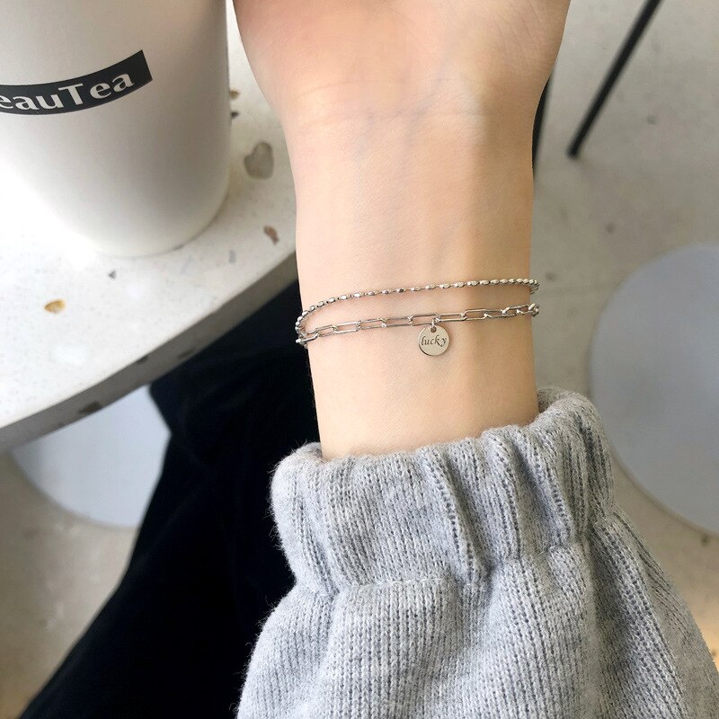 Anenjery Double Layer Ronde Schijf Lucky Charm Armband Voor Vrouwen Rose Goud Kleur Verstelbare Ketting Armband Sieraden S-B434