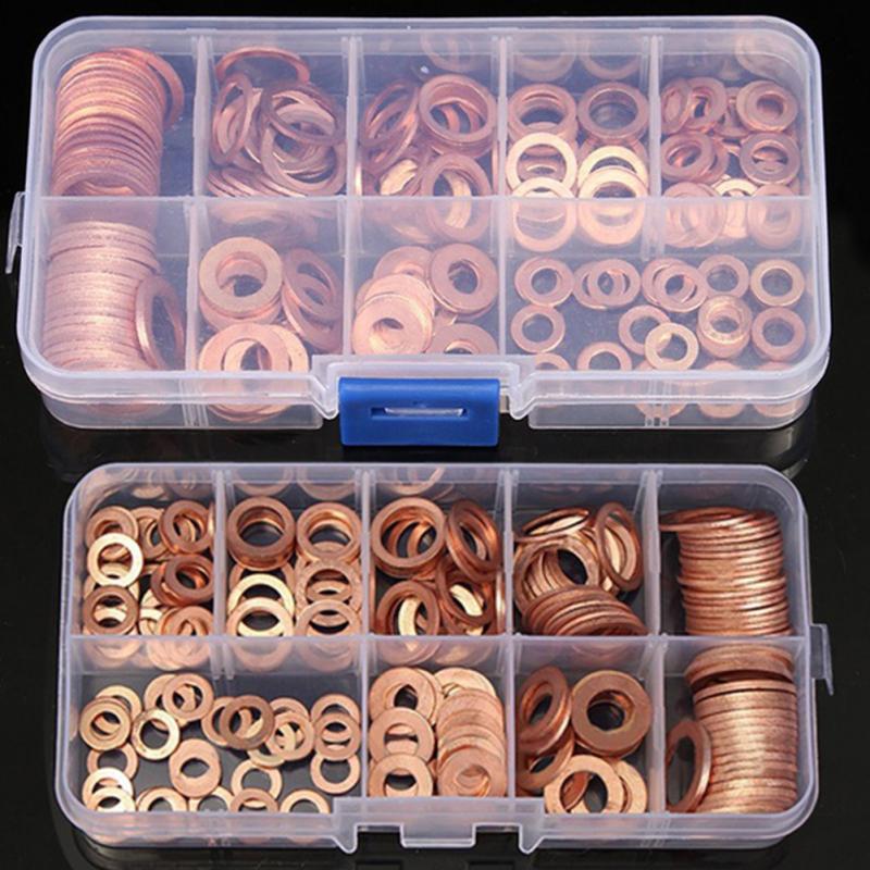 200Pcs Copper Washer Pakking Moer En Bout Set Platte Ring Afdichting Assortiment Kit Met Doos M5-M14