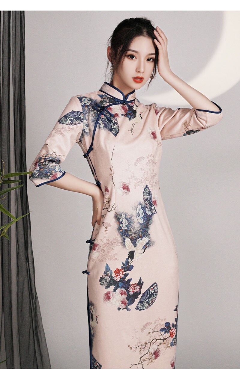 Pink Cheongsam Vintage Chinese Style Dress Women Clothing Long Dress Floral Qipao S to XXL