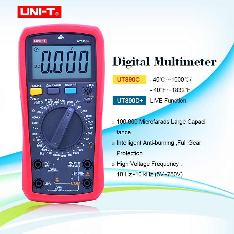 UNI-T UNI T Digitale Multimeter True RMS UT890C UT890D + Handleiding Range AC DC Frequentie Capaciteit Temperatuur Tester Backlight