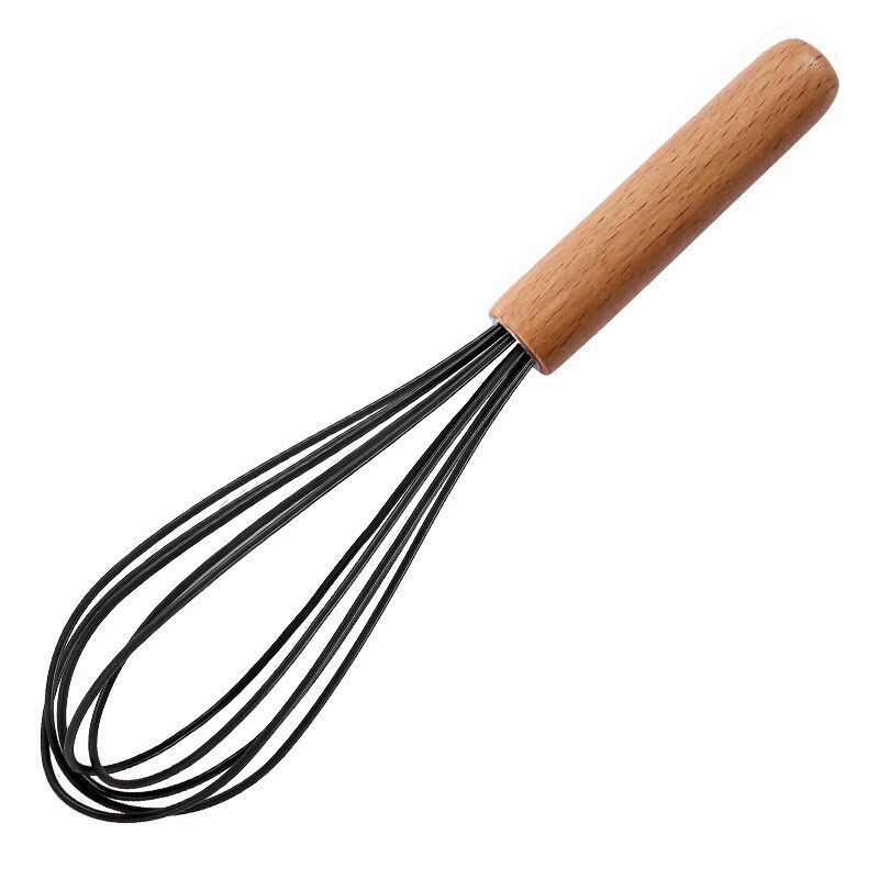 Silicone Wooden Handle Egg Beater 10 Inch Wooden Handle Manual Kitchen Mixer Household Baking Tools: black