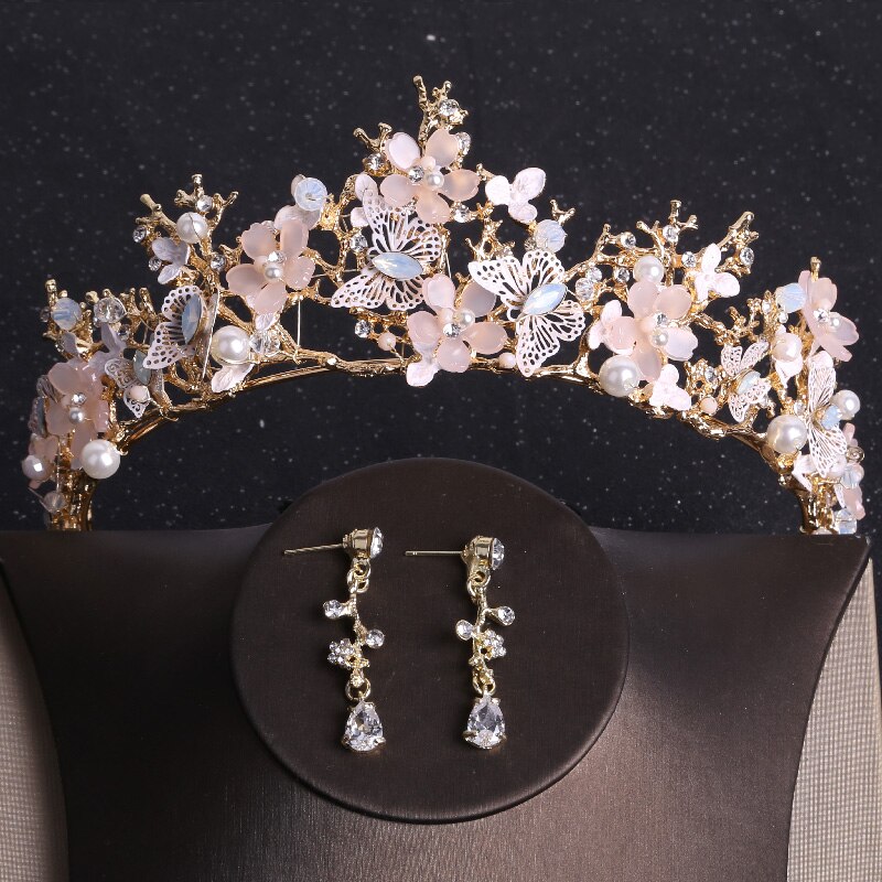 Barroco ouro borboleta cristal traje conjuntos de jóias strass tiara nupcial feminino conjunto de jóias de casamento gargantilha colar brincos