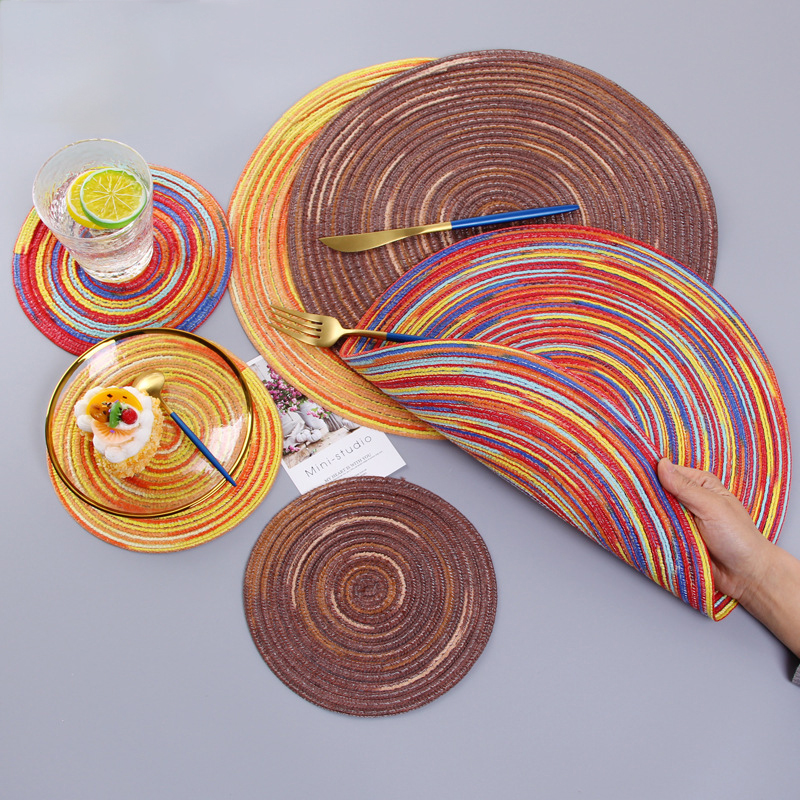 Regenbogen Farbe Tischset Schüssel Satin- Gefärbt Ramie Baumwolle Garn gewebte Tasse Pad Runde Platte matt Individuelle Mantel Esszimmer Untersetzer einstellen