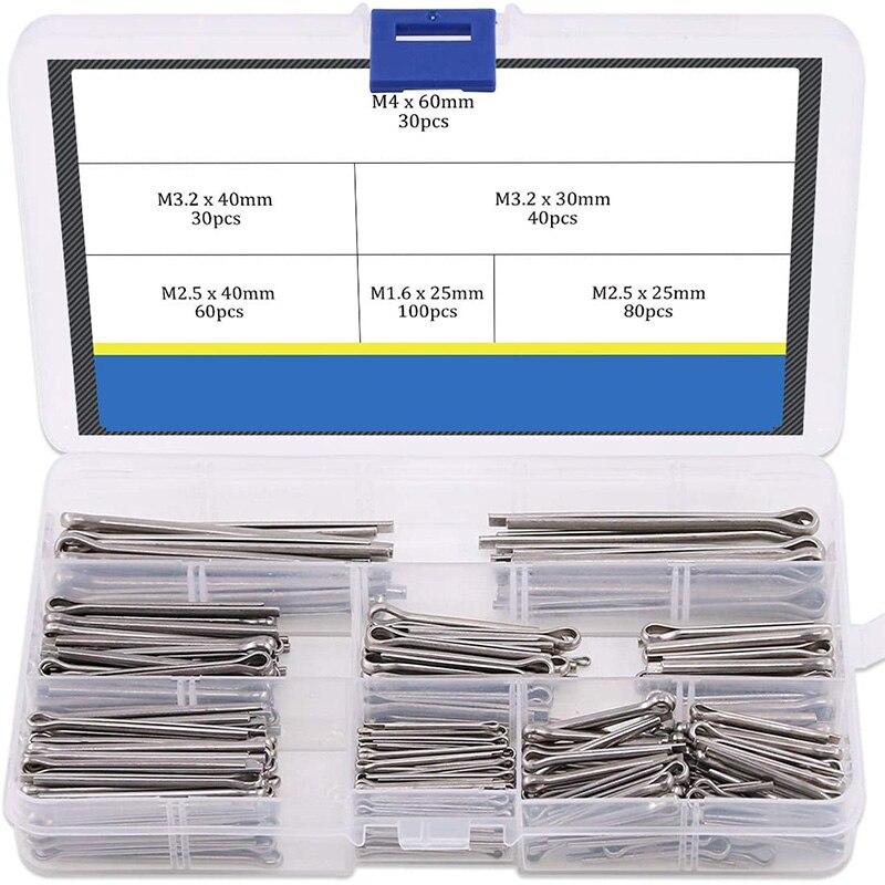 Cotter Fixings Set,6 Sizes 304 Stainless Steel Cotter Pin Clip Key Fastener Fitting Assortment Kit(340 Pcs)