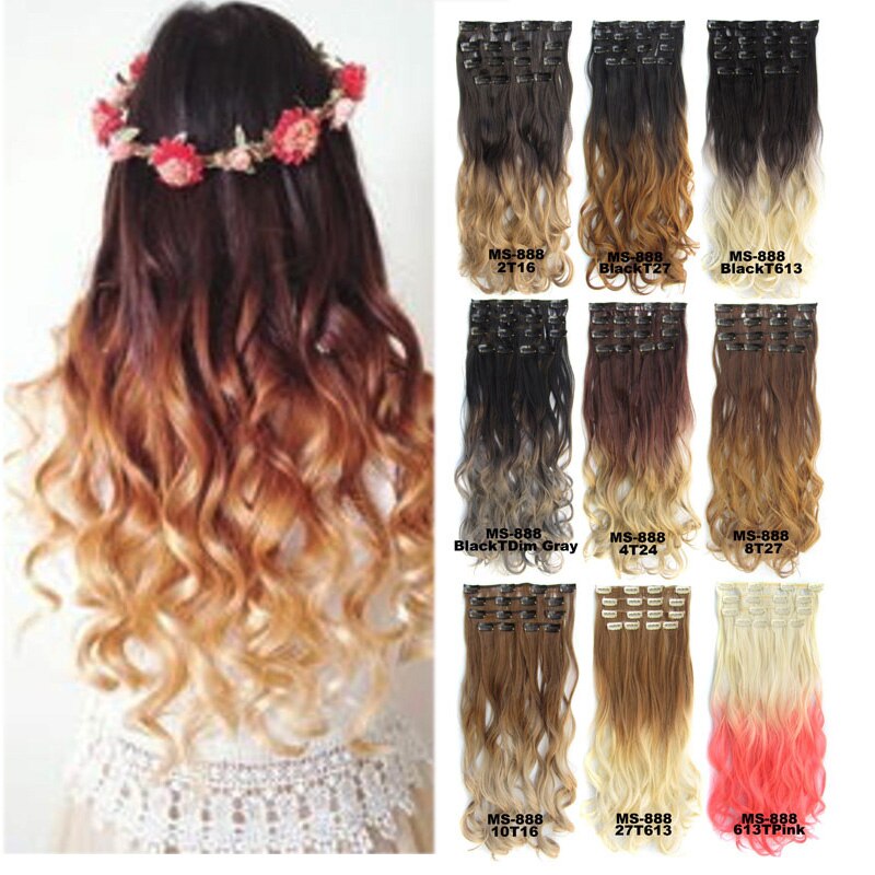 Extensiones de pelo sintético ondulado 7 unids/set, Clip de 22 pulgadas, 100g, Color negro, marrón, degradado postizo, resistente al calor