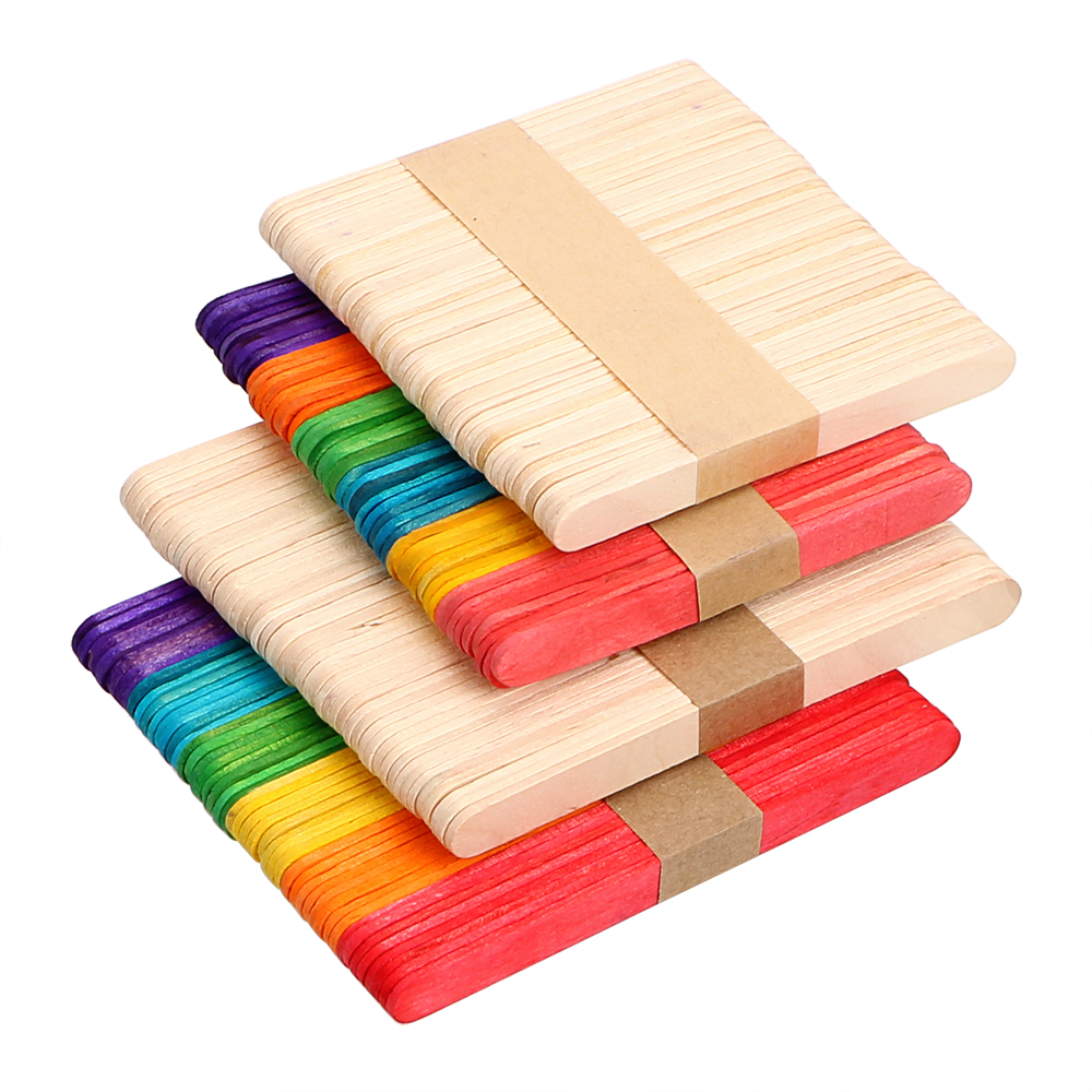 HOOMIN 50Pcs/Lot Natural Wood Ice Cream Sticks Kids DIY Hand Crafts Colored Wooden Popsicle Sticks Art Ice Cream Tools