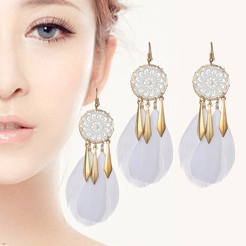 Bohemian Woven Dream Catcher Feather Dangle Earrings for Woman Trendy Boho Long Tassel Earring Wedding Jewelry: E1434-White