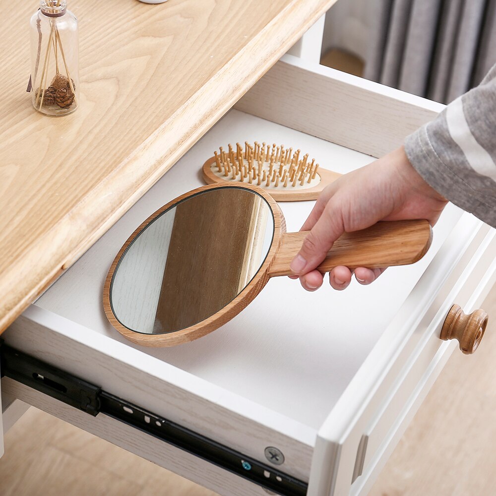 Eiken Massief Hout High Definition Cosmetische Spiegel. Vrouwen Draagbare Make-Up Spiegel. Eenvoudige Stijl Vrouwen Hand-Held Schoonheid Spiegel.