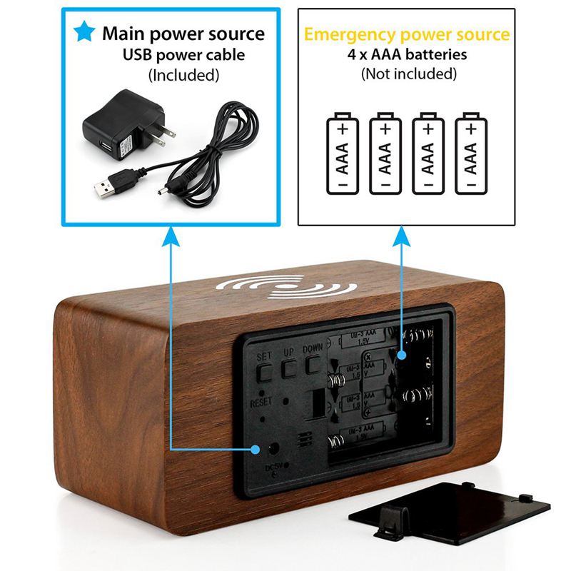 Relógio despertador com para qi almofada de carregamento sem fio compatível com para iphone samsung madeira led relógio digital função de controle de som,