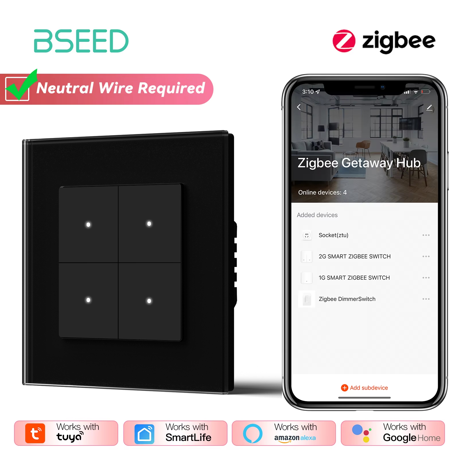 BSEED Zigbee przełączniki klikowe seria 1/2/3/4banda inteligentne przełączniki światła naścienne żółte podświetlenie szklana ramka Tuya APP UE przełączniki schodowe: Kolba
