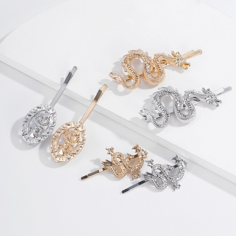 Chinese Style Gold Color Dragon Hollow One-word Hairpin for Women Metal Curved Round Barrette Hair Accessories Jewelry