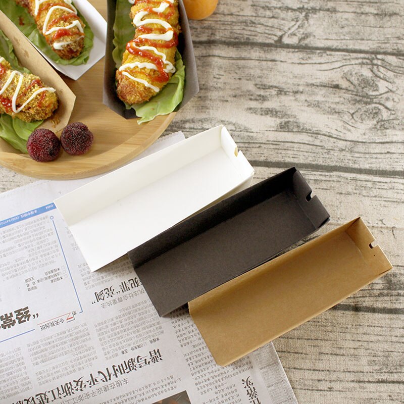 100pcs Disposable Cheese Dog Package Paper Box Dog Stick Packaging Box Street Snack Food Tray Take Out Box