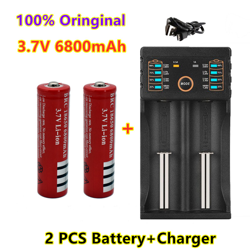 100% Originele 18650 Batterie 3,7V 6800Mah Wiederaufladbare Liion Batterie Für Led Taschenlampe Batery Litio Batterie + Ladegerät: Rood