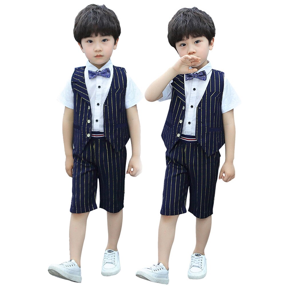 Costume à rayures pour garçon, 4 pièces, gilet + short + nœud papillon + chemise, tenue formelle, costumes de fête de mariage, tenue de smoking d'anniversaire