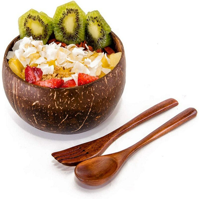 Cuenco de cáscara de coco de 12-15cm, Bol de madera Natural para batidos, postres, ensaladas y frutas, juego de vajilla para el hogar