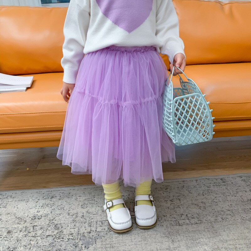 Barnkjol våren tjejer enfärgad spets prinsessa mesh kjol småbarn baby härliga pösiga bomullskjolar för barn: Lila / 90cm